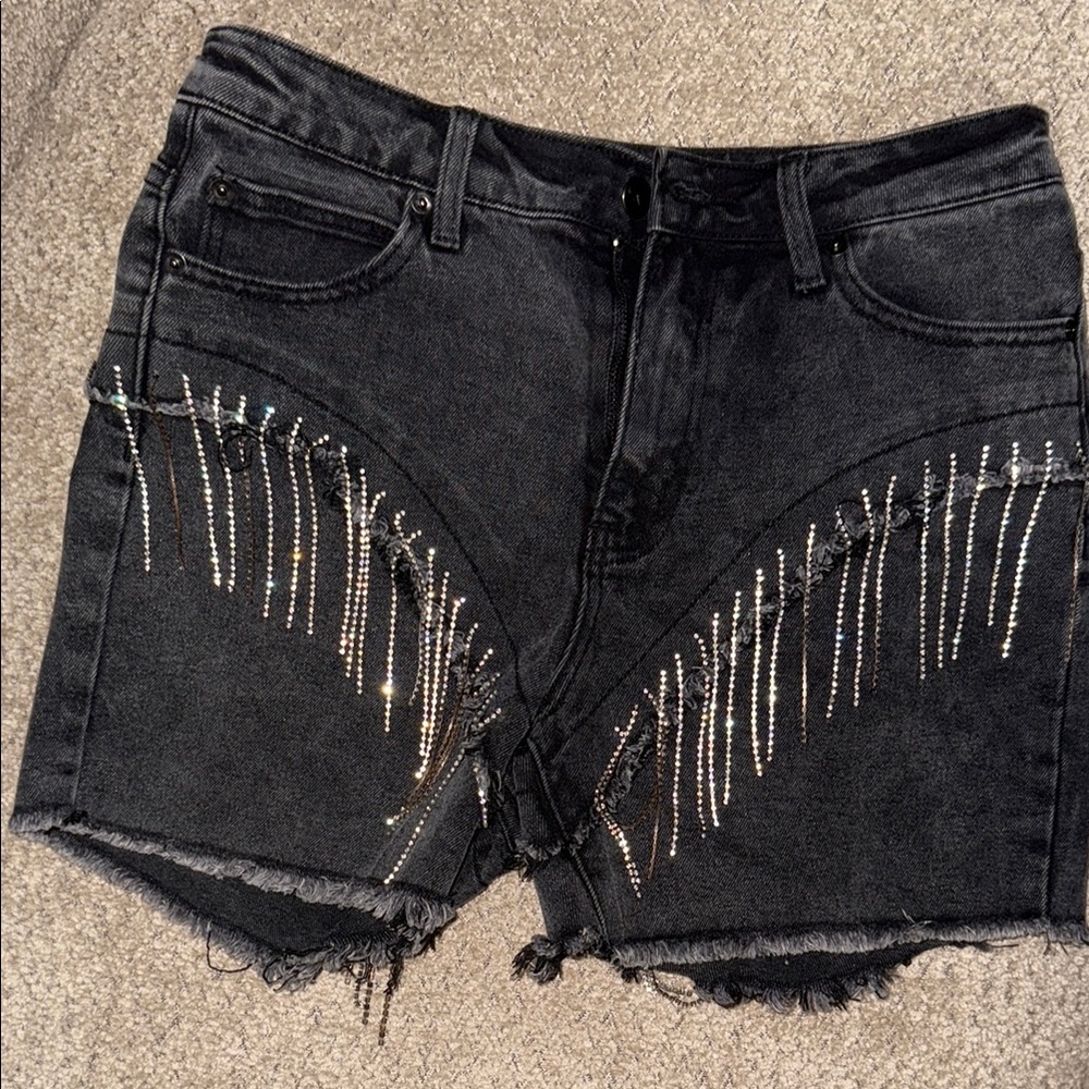 Embellished Black Denim Shorts